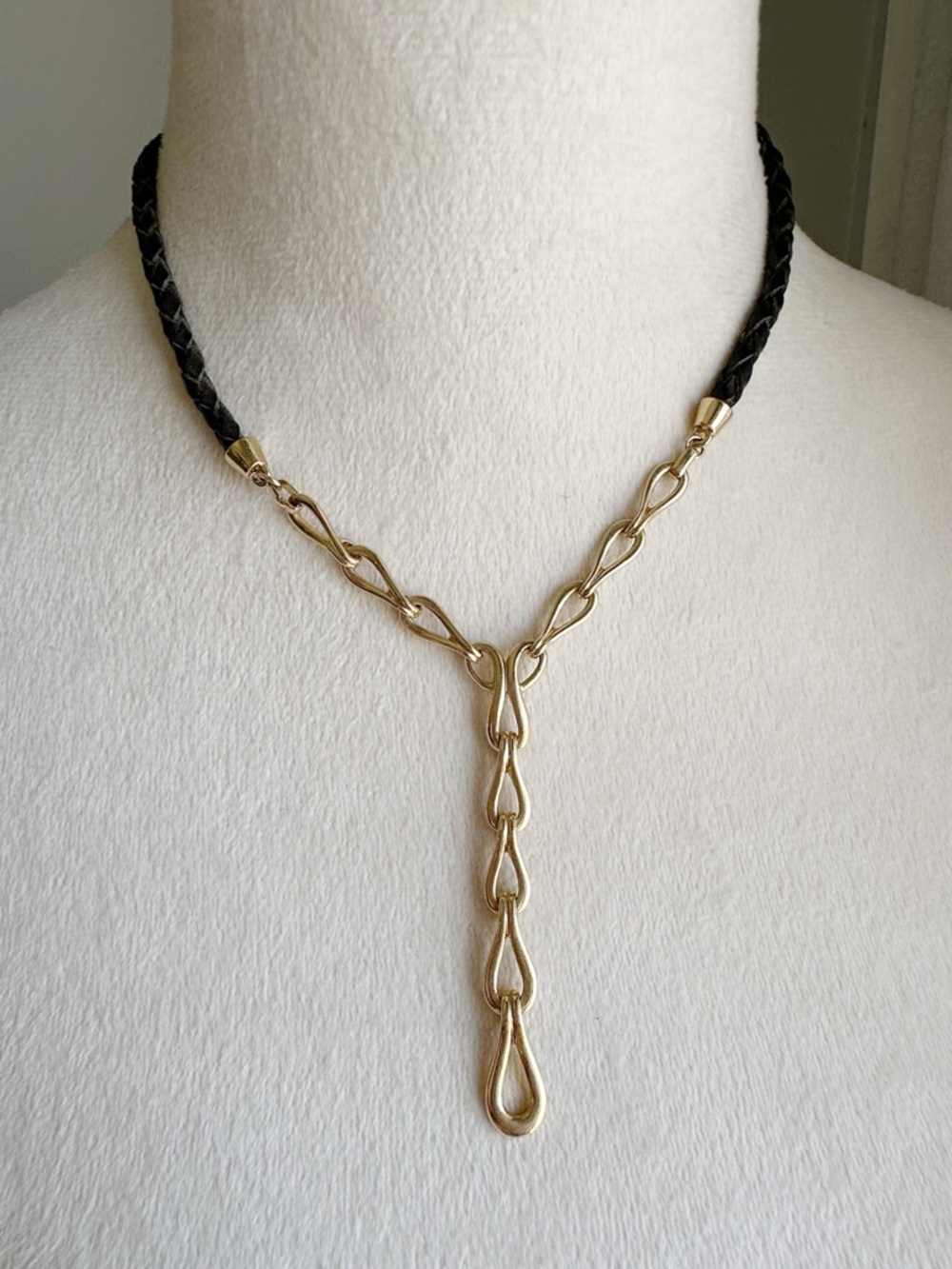 Monet Vintage Rare Matte Gold Drop Link Y-Necklace with Black Braided Cord
